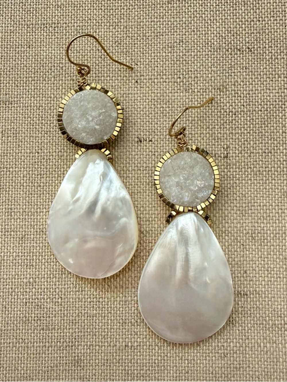 Gold-Trim White Mother of Pearl Statement Summer Drop Earrings with Druzy Gem